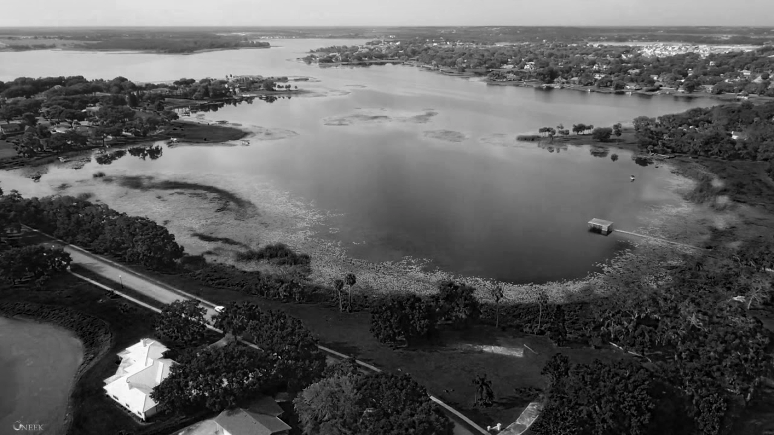 A high-angle black and white aerial photograph capturing the East Pool section of Johns Lake, showing a solitary covered boat dock extending into the calm water, natural wetlands along the shoreline, and a residential community stretching across the opposite side under a clear sky.
