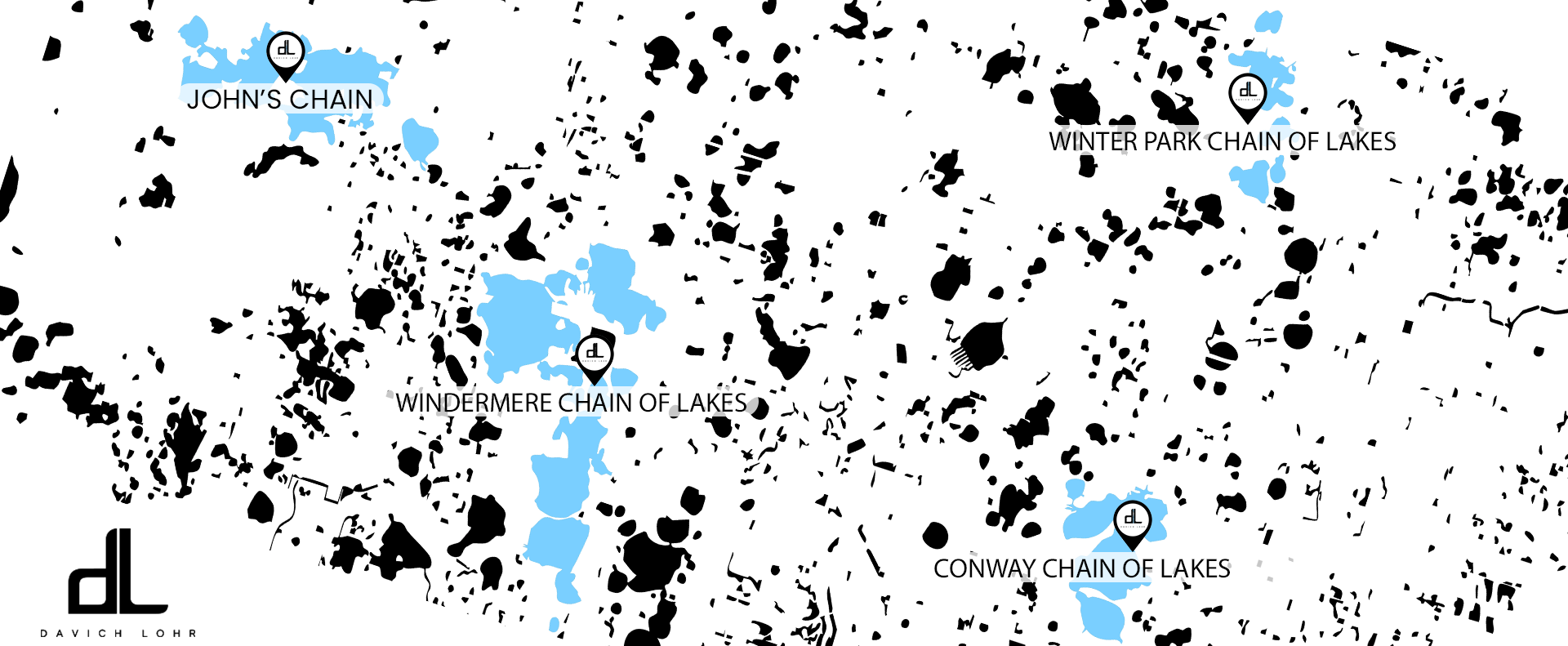A high-contrast graphic map of Central Florida water bodies against a plain white background, featuring various scattered lakes in solid black shapes while specifically highlighting five prominent chains of lakes in bright blue.